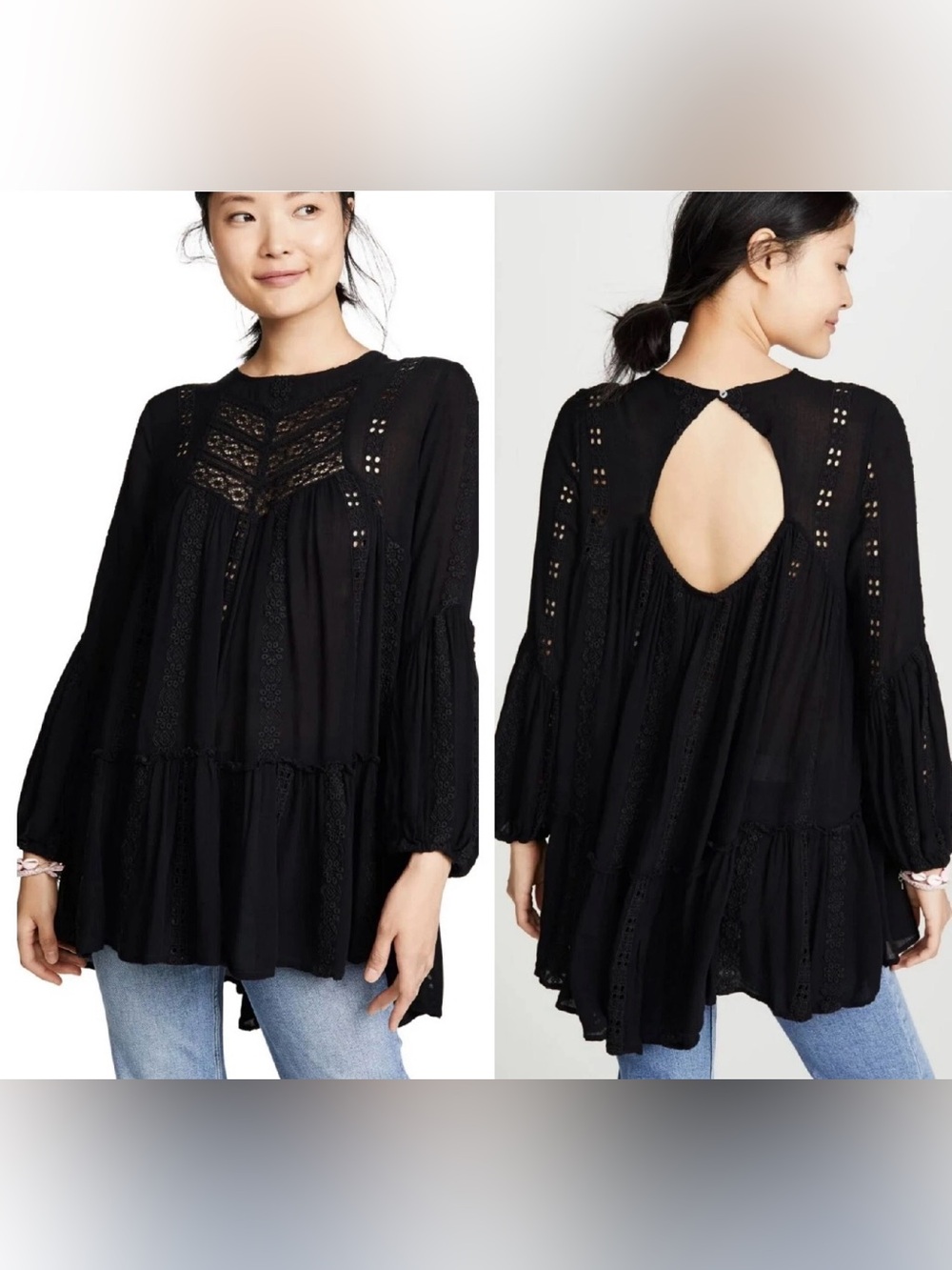 Free People Kiss Kiss Black Tunic Dress Small Eyelet Boho Whimsigoth